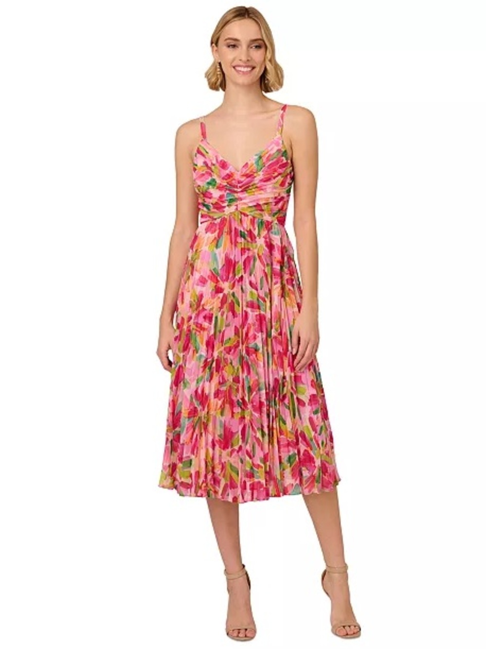 Adrianna Papell Pink Floral Pleated Midi Dress